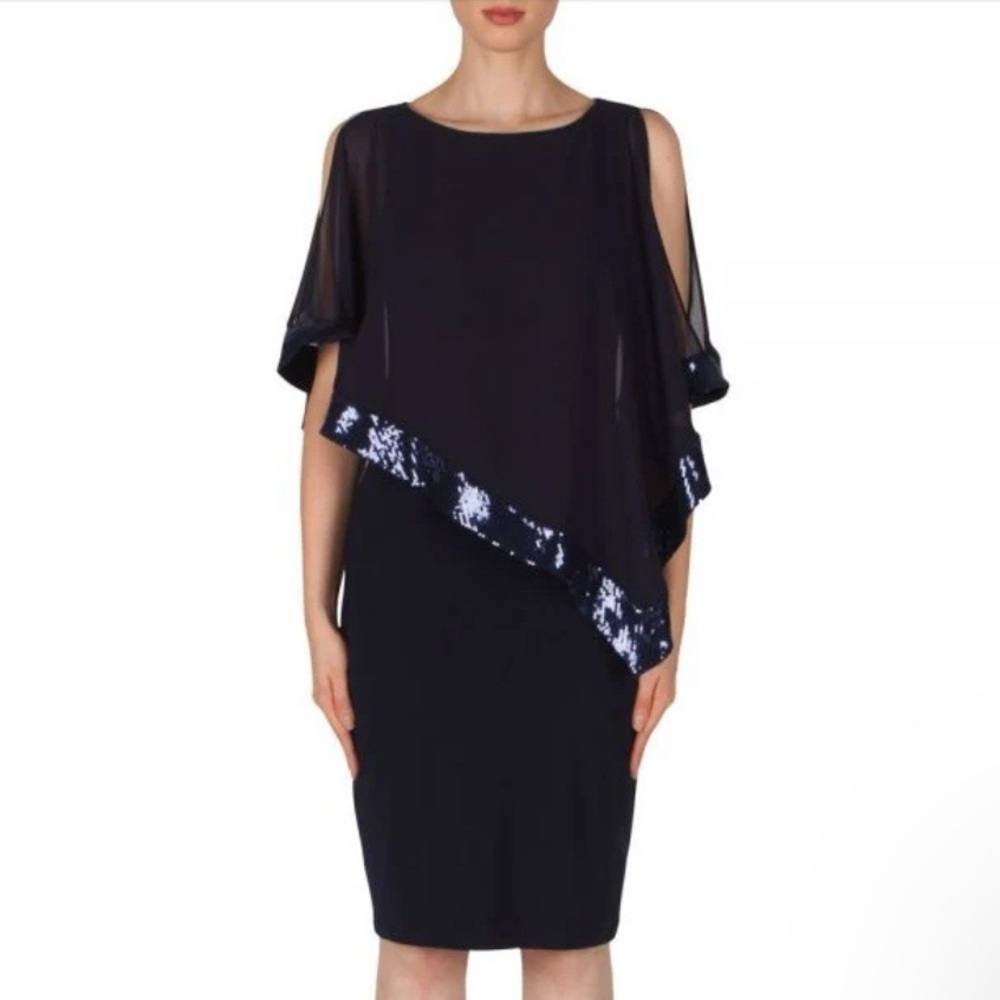 Joseph Ribkoff Black Chiffon Sequin Cape Sheath Dress Size 20